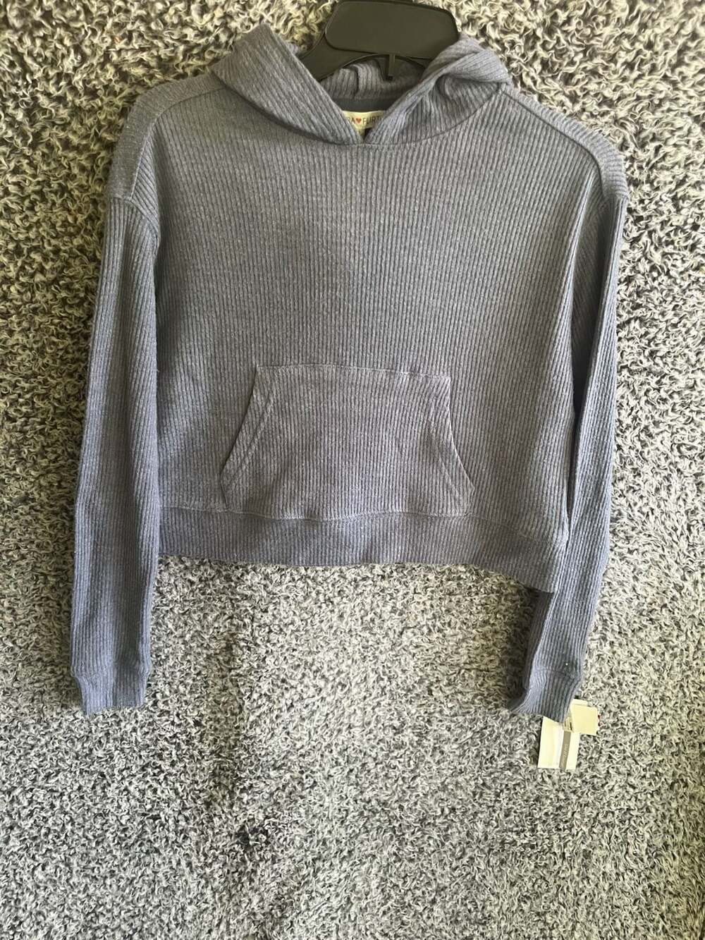 Ultra Flirt Gray Ribbed Knit Crop Hoodie with Pocket Size XS